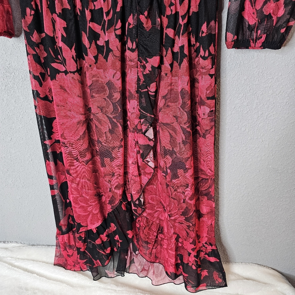 Kate and‎ Lily Dress Womens 4 Mesh Floral V Neck Sheer Sleeve Ruffle Midi Dark - Picture 4 of 15